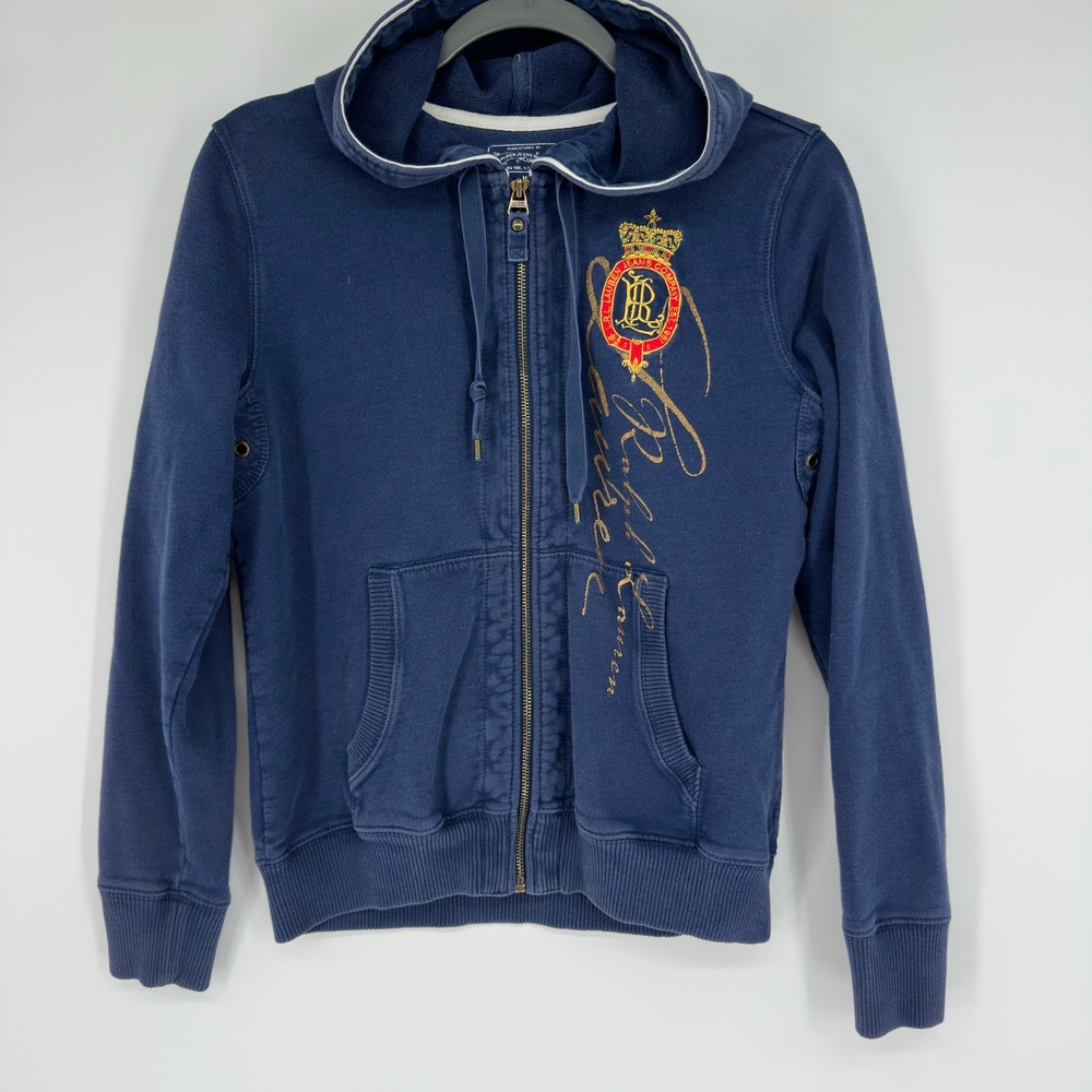 Lauren Jeans Co Ralph Lauren Navy Blue Full Zip Graphic Crest Hoodie M Y2K